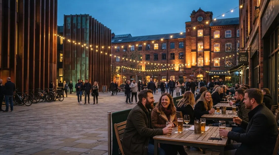 Cutting Room Square in Ancoats in der Dämmerung, Lichterketten über Café-Tischen, die verwitterten Kupfermonolithen und rotbacksteinernen Mühlenfassaden umrahmen den Fußgängerbereich