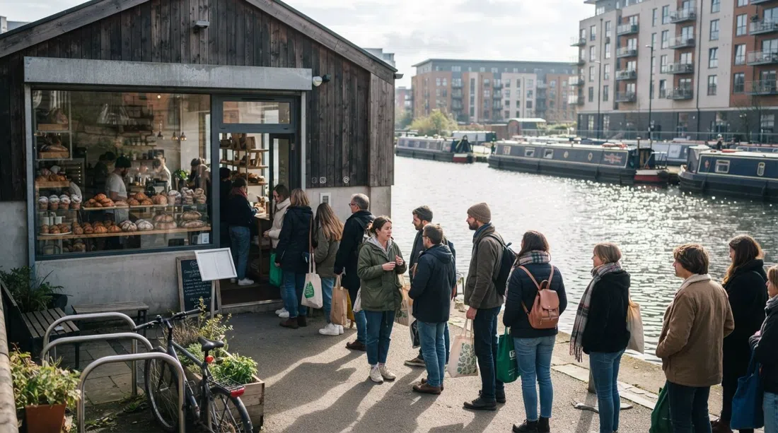 Pollen Bakery neben New Islington Marina im Morgenlicht, eine Schlange für Cruffins draußen und Kanalwasser glitzert hinter der Glasscheibe