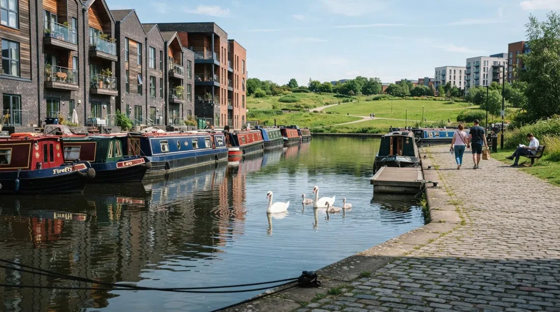 New Islington Marina an einem hellen Nachmittag, Kanalboote vertäut neben Terrassen und Schwäne auf dem Wasser, im Hintergrund Cotton Field Park