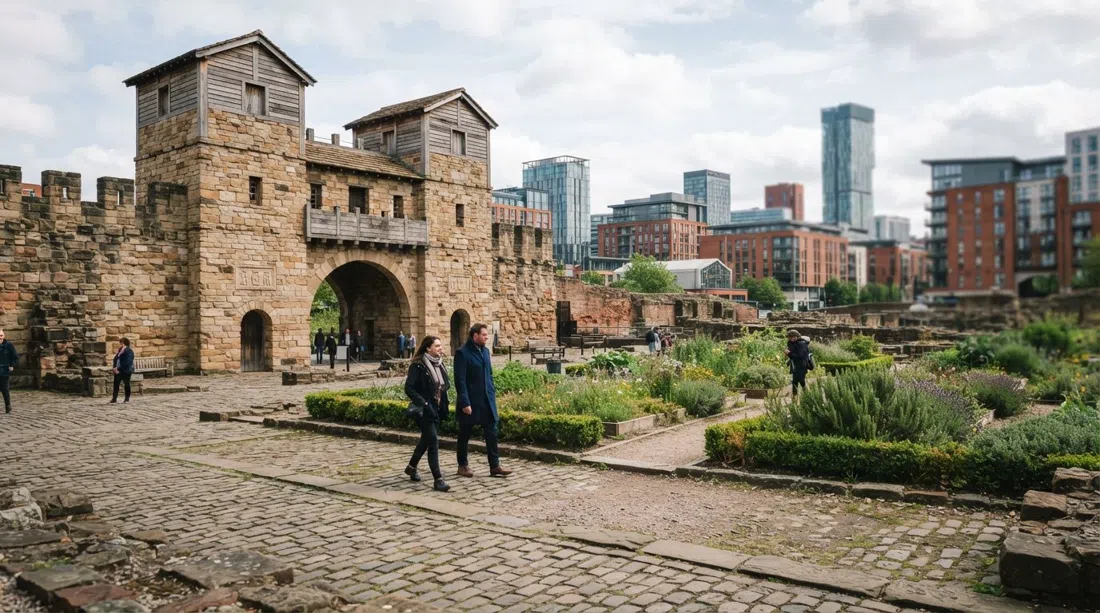 Das rekonstruierte Nordtor des römischen Forts Castlefield neben dem römischen Garten, mit Kopfsteinpflaster und modernen Manchester-Gebäuden im Hintergrund bei weichem Tageslicht