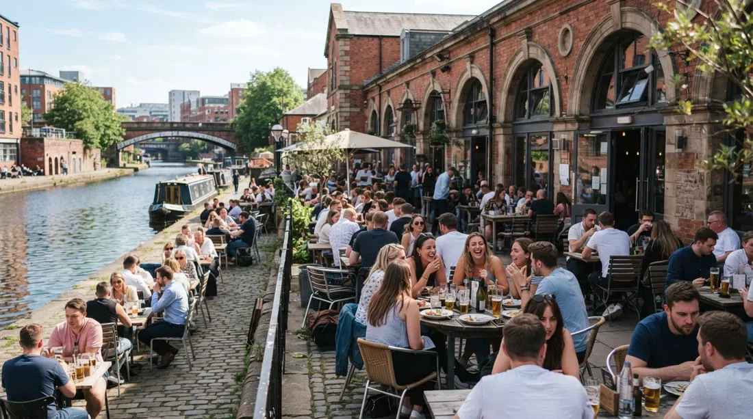 Dukes 92s weitläufiger Kanaluferhof an der Castle Street an einem hellen Nachmittag, Tische füllen den ehemaligen Stall neben dem Wasser