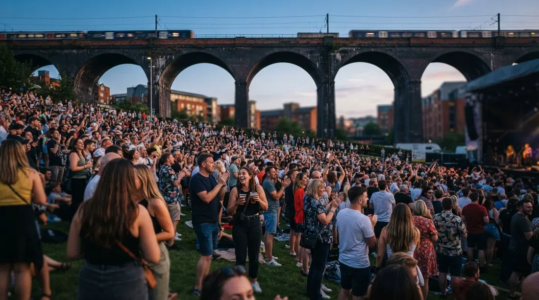 Castlefield Bowl während eines Sommerkonzerts, Menge im grasbewachsenen Amphitheater unter schwarzen Viaduktbögen und offenem Abendhimmel