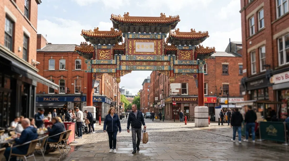 El Arco Imperial Chino de Mánchester en Faulkner Street de día, dragones y fénixes dorados bajo el techo de pagoda de tres niveles, con la pequeña plaza peatonal al frente