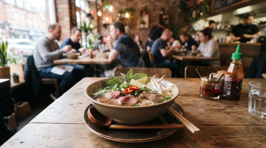 Un tazón humeante de pho en Pho Cue en Faulkner Street, caldo brillante, hierbas y fideos en un primer plano ajustado con el interior brillante del restaurante desenfocado detrás