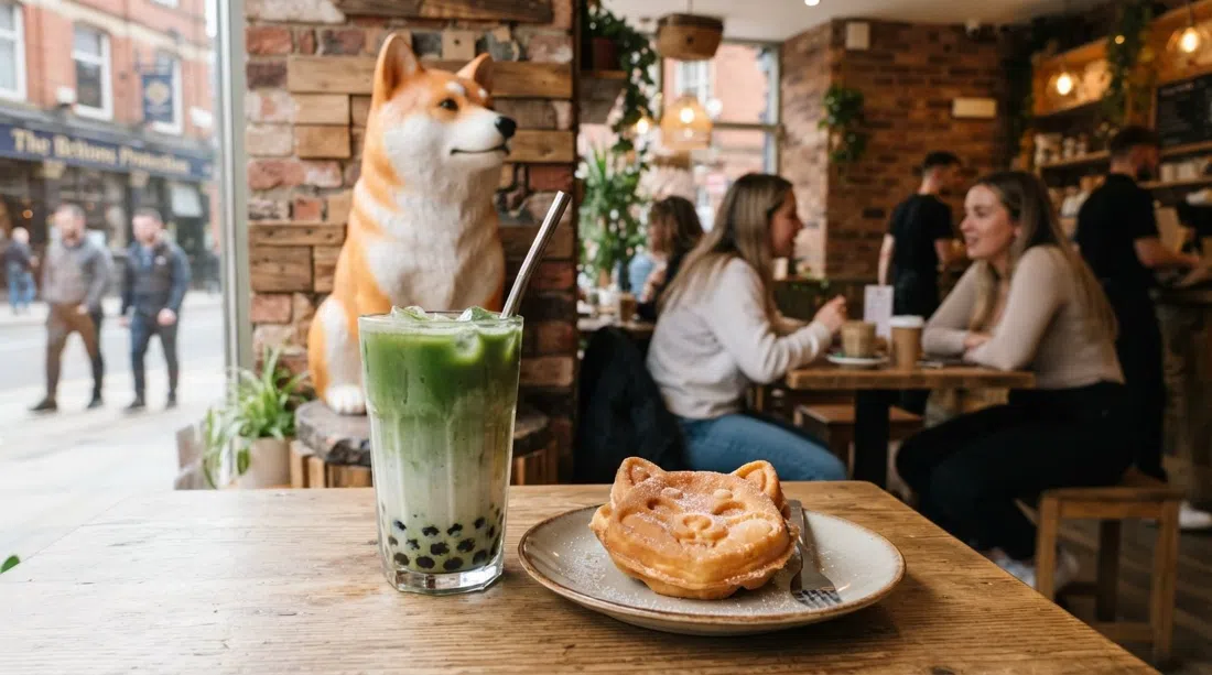 Un bubble tea de matcha en capas y un waffle con forma de perro en Ohayo Tea, con la estatua de Shiba Inu en la pared visible dentro del café