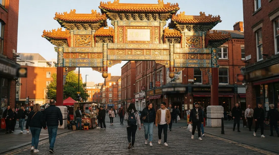 Personas de pie bajo el Arco Imperial Chino en Faulkner Street a la hora dorada, los tallados en pan de oro captando la luz y la plaza con tráfico peatonal
