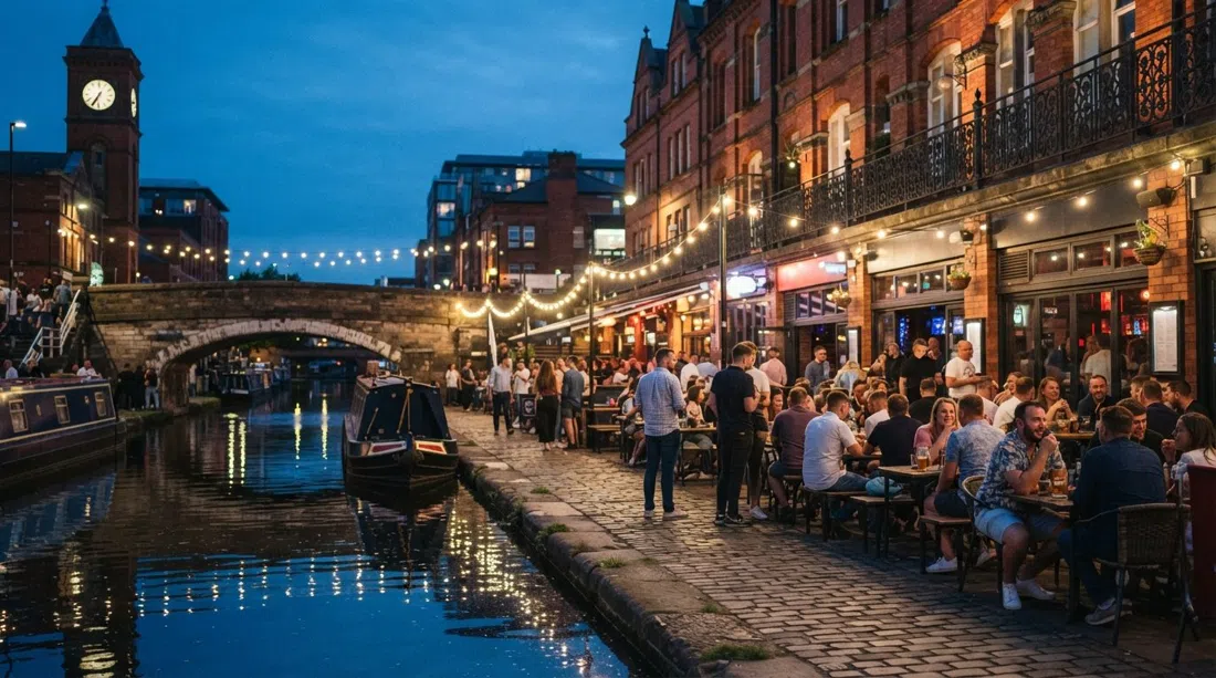 Canal Street en el Gay Village de Mánchester al atardecer, el agua del canal refleja las esquinas victorianas y los modernos frentes de bares mientras las terrazas comienzan a llenarse