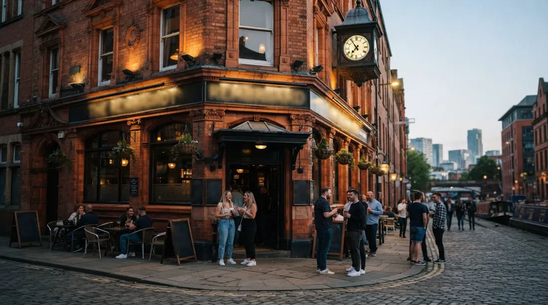 el exterior del Rembrandt en la esquina de Sackville Street, con luz vespertina sobre la vieja fachada y gente reunida afuera antes del cabaret
