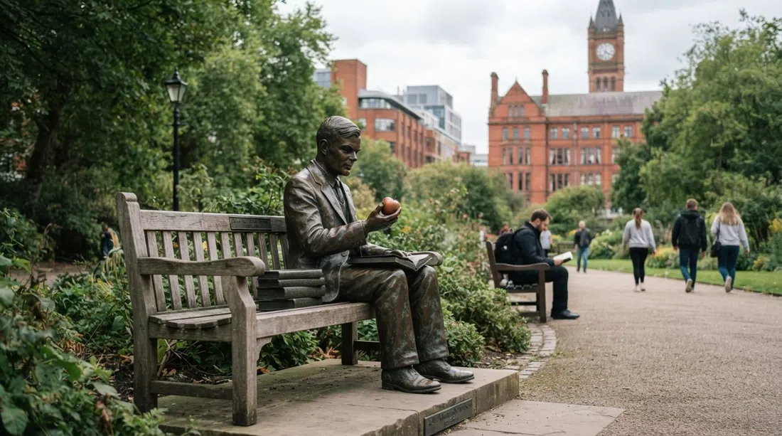 Monumento a Alan Turing en Sackville Gardens, figura de bronce en un banco rodeada de vegetación tranquila y el centro de la ciudad al fondo