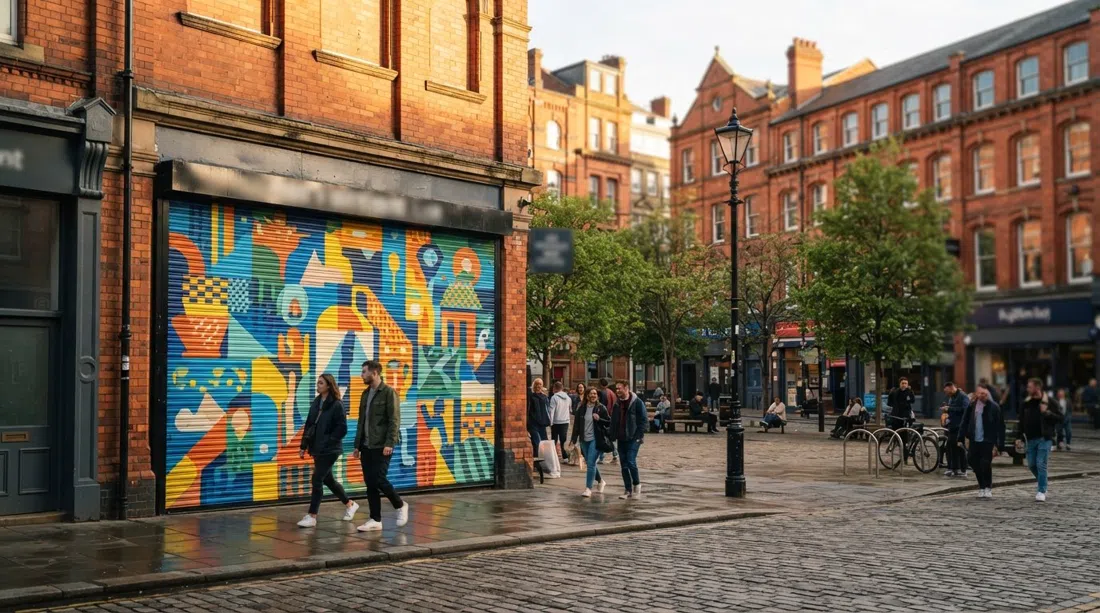 Stevenson Square en el Northern Quarter de Mánchester con un nuevo mural del Outhouse Project en las persianas, luz de la tarde atrapando las fachadas de ladrillo y el mobiliario urbano