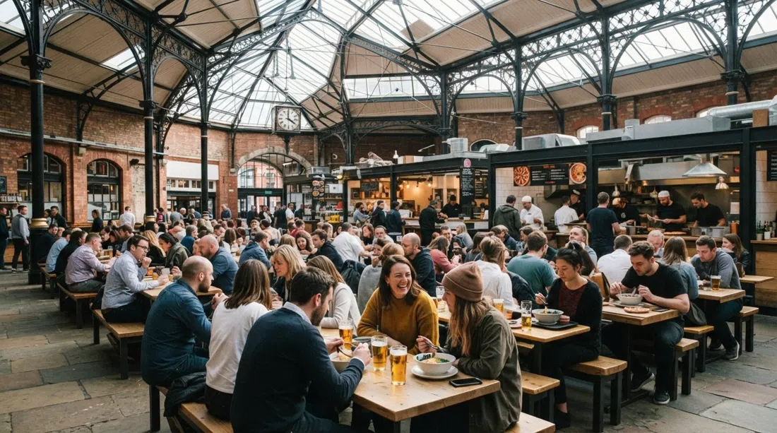 el interior de Mackie Mayor en Mánchester, techo de hierro y cristal sobre bancos comunales, puestos de comida independientes sirviendo pizza y ramen en un bullicioso almuerzo