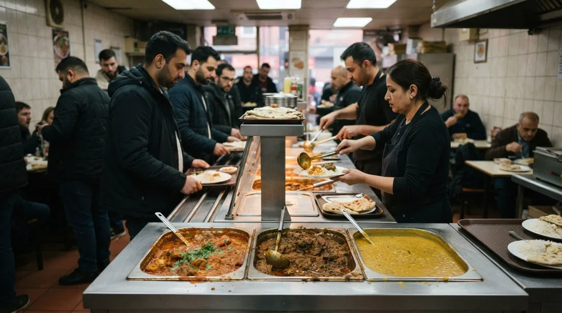un mostrador en Kabana en Back Turner Street con bandejas metálicas de pollo masala, cordero karahi y daal, iluminación fluorescente de comedor y ambiente de servicio sin lujos