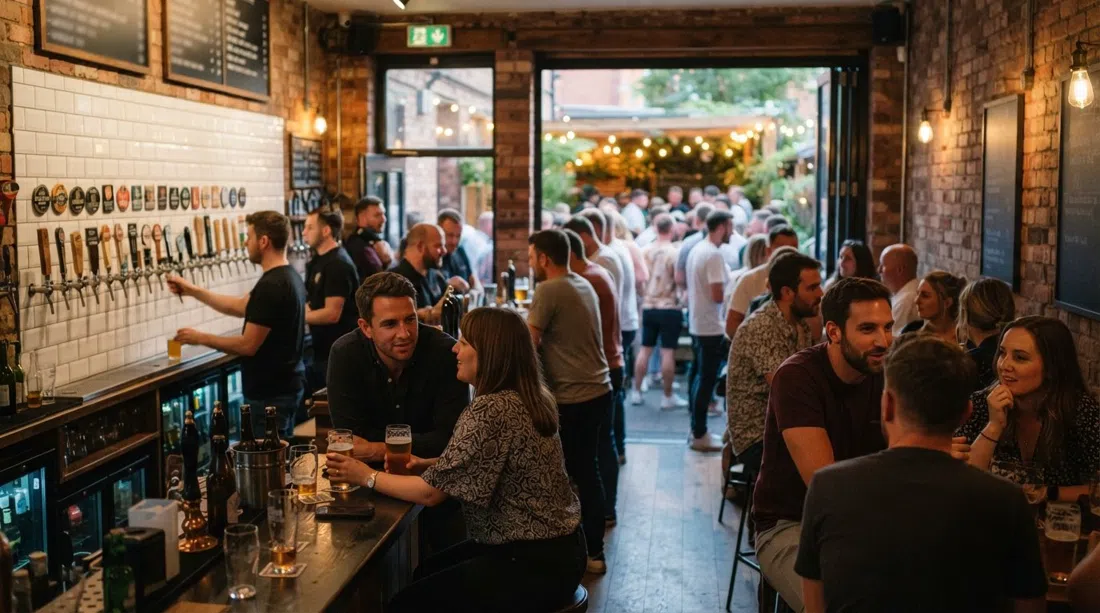 Port Street Beer House en el Northern Quarter de Mánchester, un bar de cerveza artesanal concurrido con grifos rotativos y el cervecería al aire libre escondida visible a través de la puerta trasera en una tarde de verano