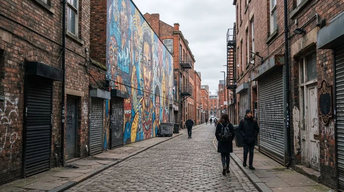 Una calle lateral de Tib Street en el Northern Quarter de Mánchester con un gran mural de la era Cities of Hope, paredes de ladrillo, persianas enrollables y un cielo ligeramente nublado