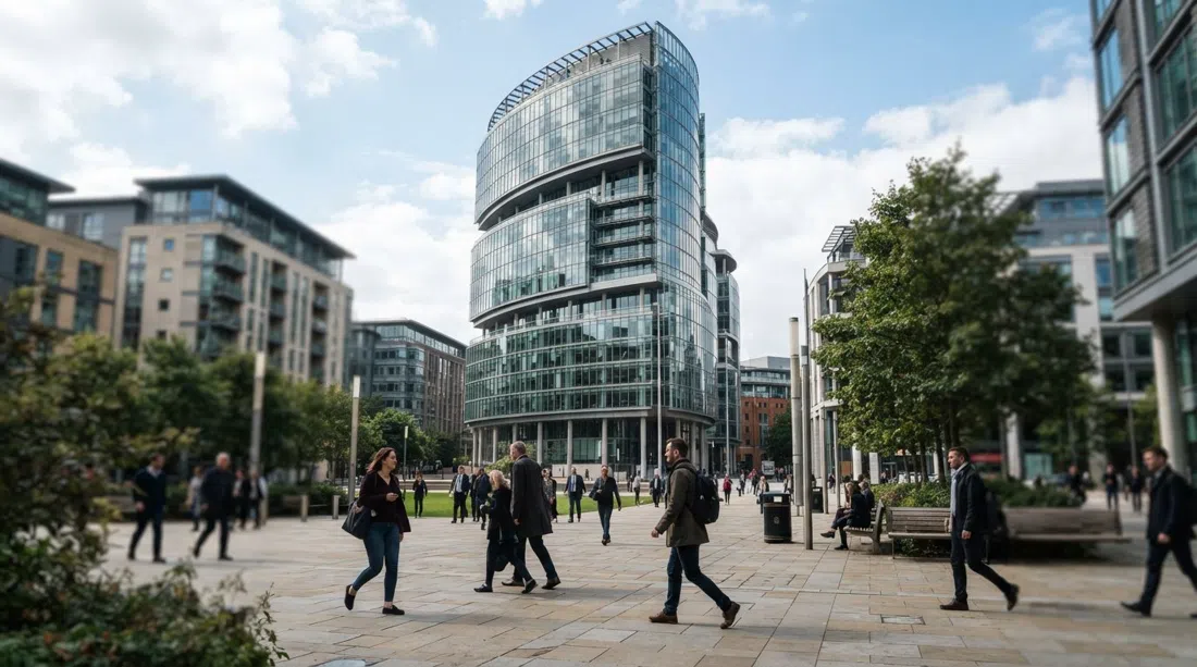 das geschwungene Civil Justice Centre in Spinningfields, sein gestapeltes „Aktenschrank“-Profil fängt Tageslicht über den Fußgängerzonen ein