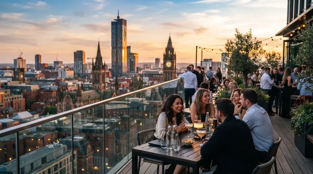 die Dachterrasse von 20 Stories im 19. Stock des No.1 Spinningfields, mit Manchesters Skyline bei Sonnenuntergang