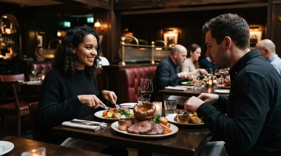 der Speisesaal aus dunklem Holz bei Hawksmoor an der Deansgate, mit Steakhouse-Beleuchtung, poliertem Holz und einem Sunday Roast auf dem Tisch