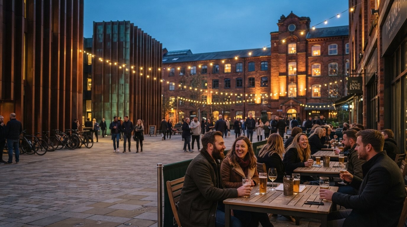 Cutting Room Square in Ancoats at dusk, festoon lights over café tables, the weathered copper monoliths and red-brick mill facades framing the pedestrianised square