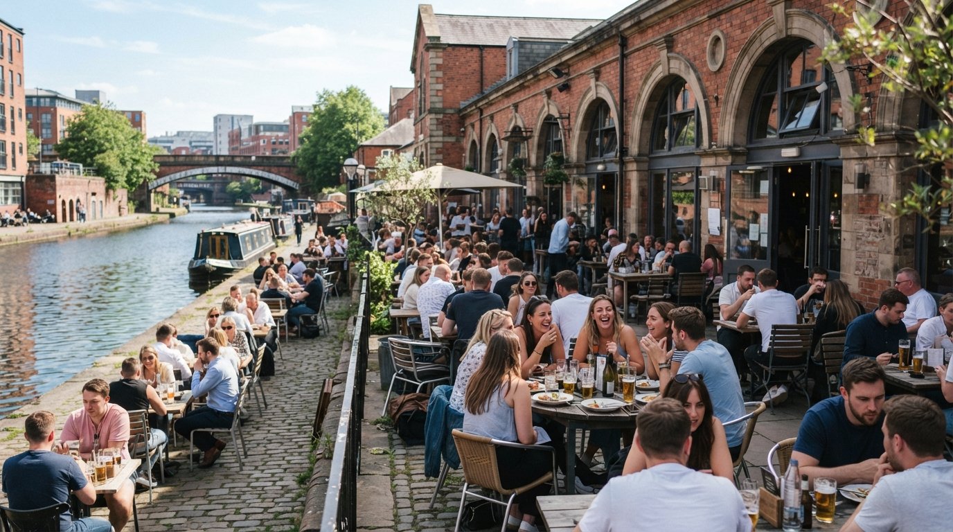 Dukes 92’s sprawling canalside courtyard at Castle Street in bright afternoon sun, tables filling the former stable block beside the water