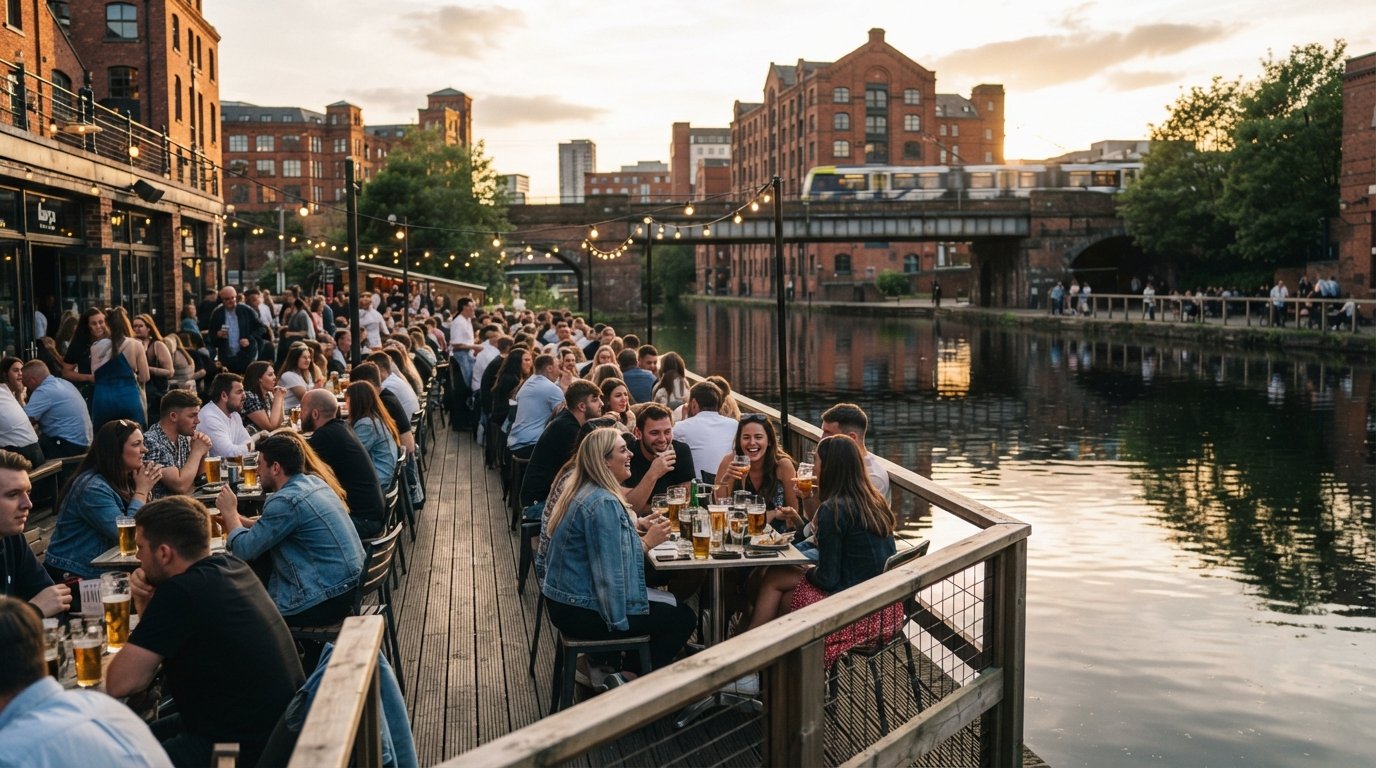 Barça’s large waterside deck on Catalan Square at golden hour, tables crowded beside the canal with reflections on the water